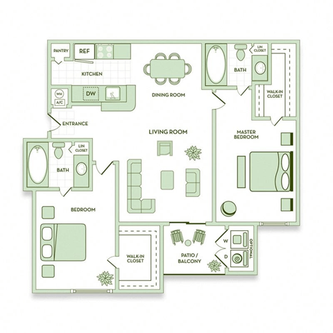 Floor plan for 2 beds, 2 baths, 1059 sqft